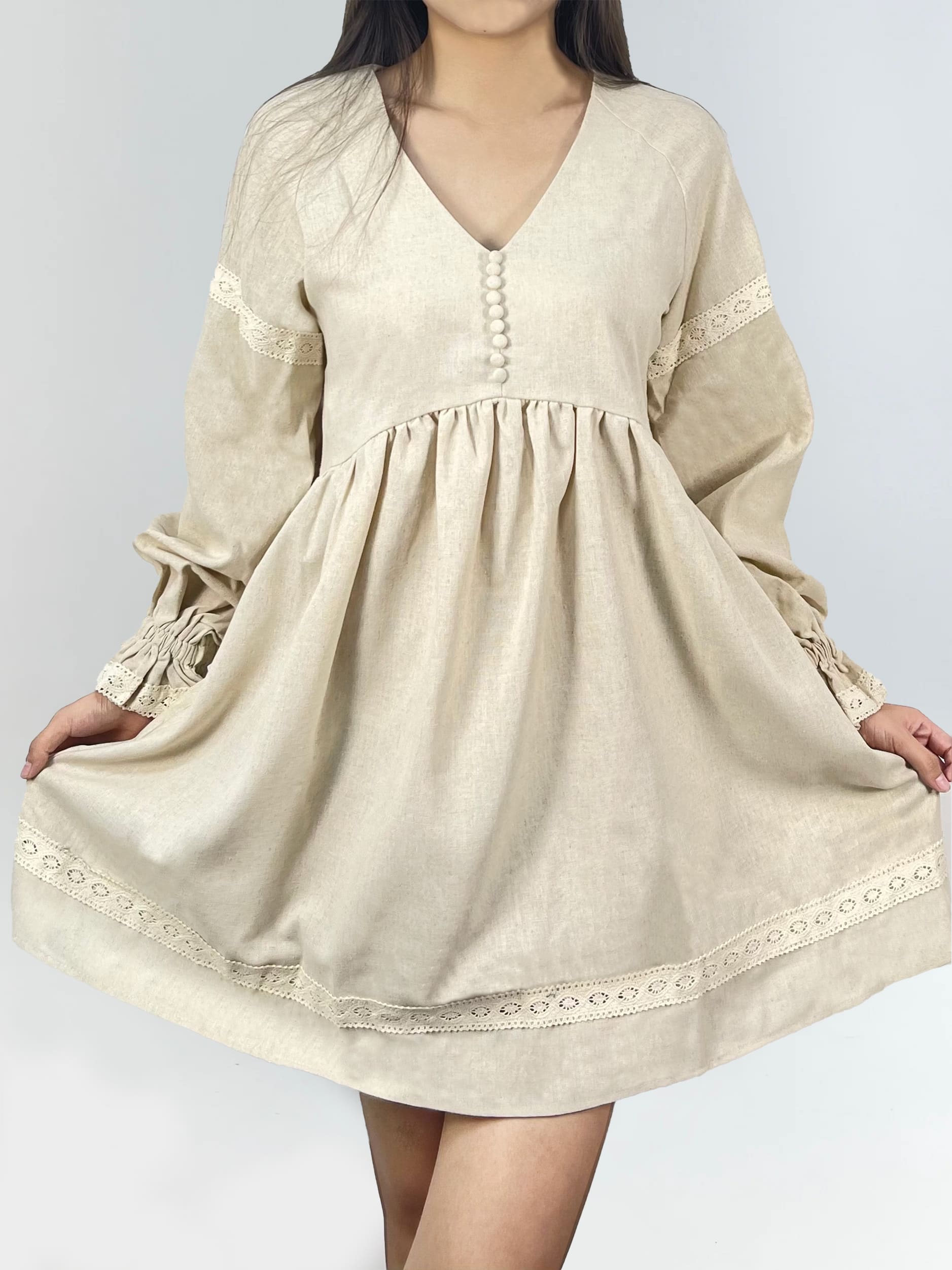 Lainey - Cotton & Linen French V-Neck Lantern Sleeve Dress