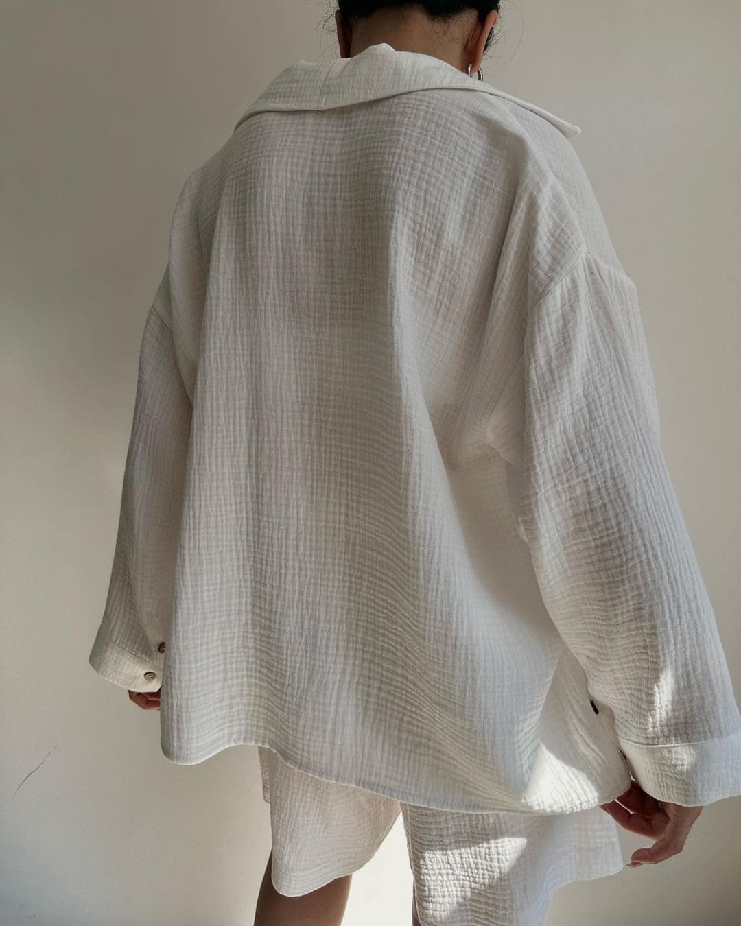 Madelyn - Wrinkled Lapel Long-Sleeved Shirt High-Waisted Drawstring Shorts Set