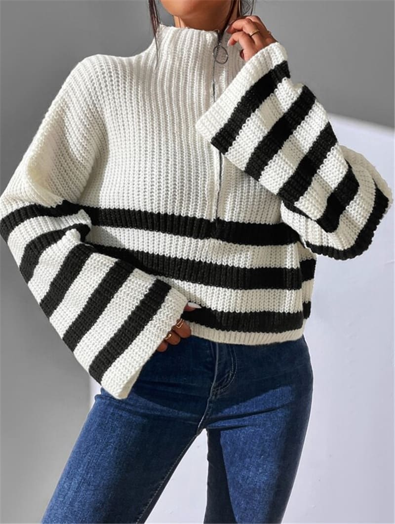 Maeve - Stand Collar Striped Short Sweater
