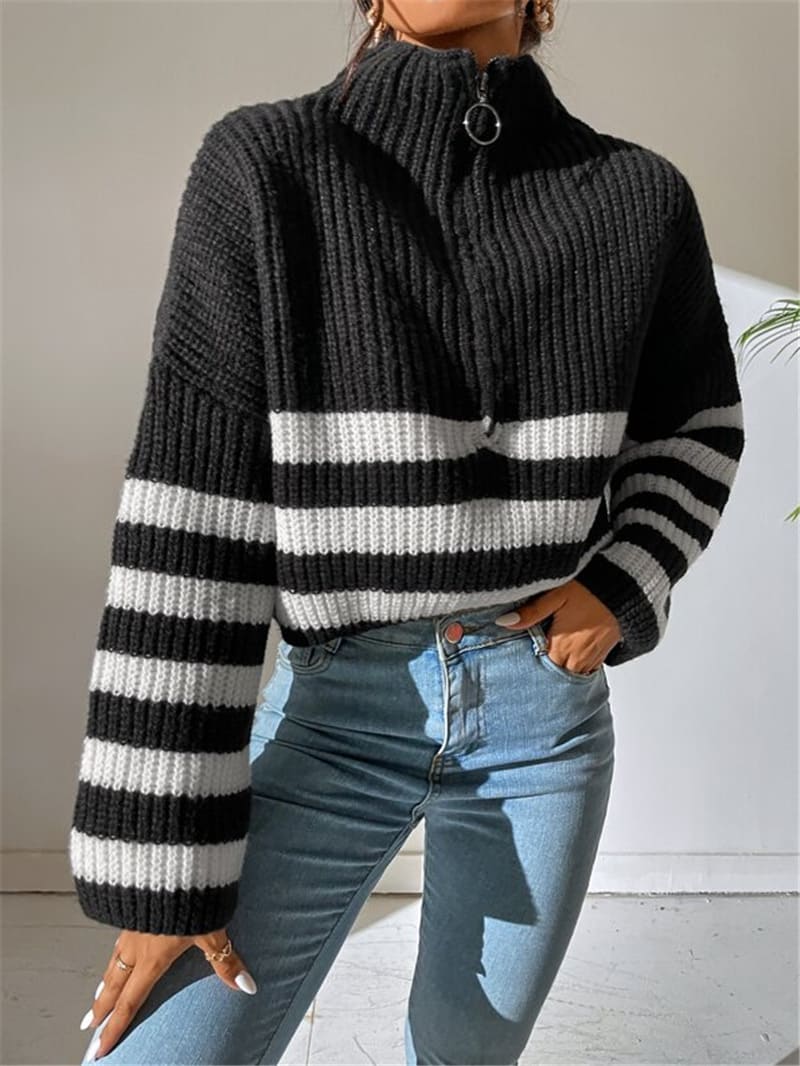 Maeve - Stand Collar Striped Short Sweater
