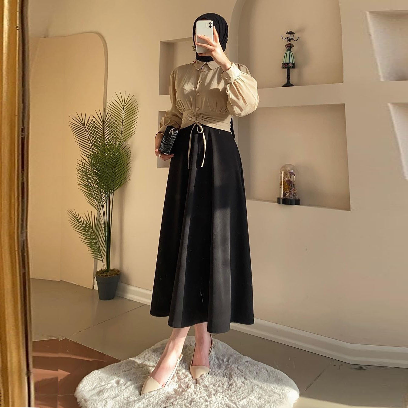 Candice - Long-Sleeve Belted Shirt & Wide Skirt Set
